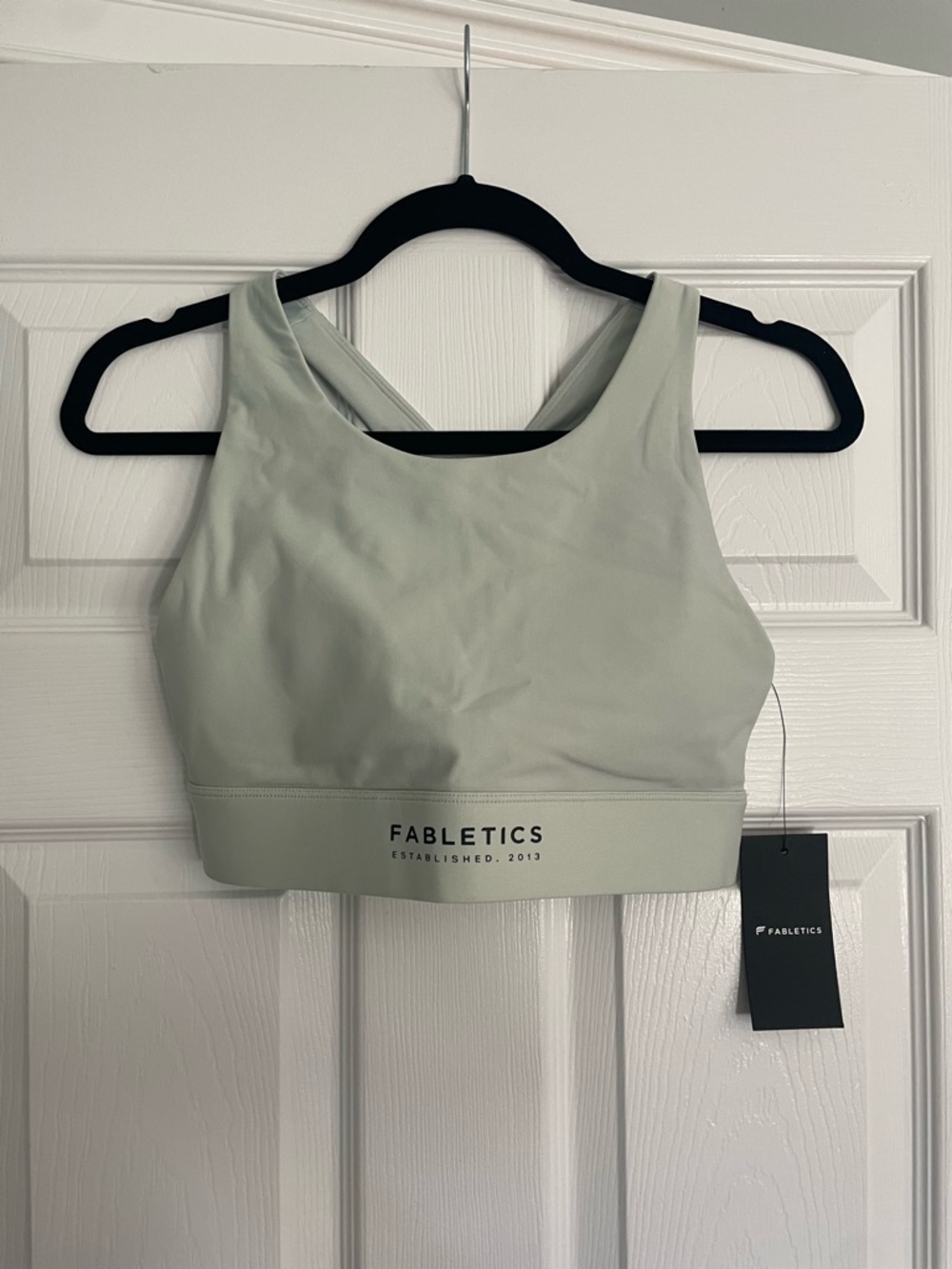 Fabletics Light Sage High-Neck Cross-Back Sports Bra